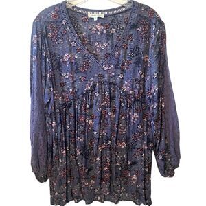 Grace & Lace Floral Boho Top Womens Medium Perwinkle Blue Cottage Babydoll